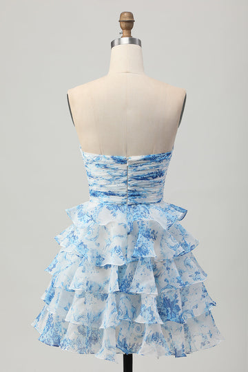 White and Blue Floral Strapless Short Ruffled Cocktail Dress with Bow